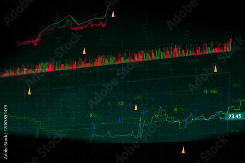 Green digital analytics grid with trend lines, numeric data and candlestick reflection illustrates dynamic trading interface. Concept stock market, forex brokers, crypto exchanges and fintech.