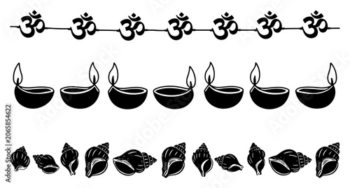 Foto Hindu spiritual symbol borders featuring om diya and conch in minimalist style