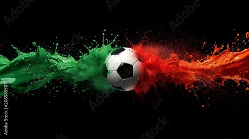 Soccer Ball Between Green and Red Liquid Splashes
