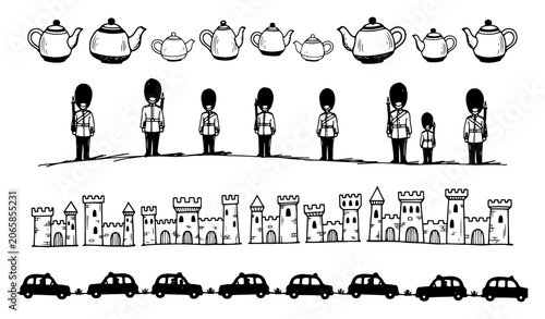 Fotografie Royal guards teapots castles and black cabs collection in hand drawn doodle styl