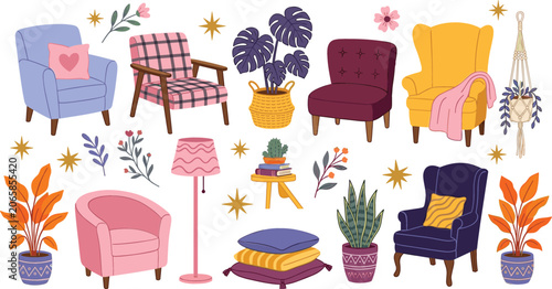 Obraz na płótnie Cozy Living Room Furniture Vector Element Set with Comfortable Armchairs, Potted