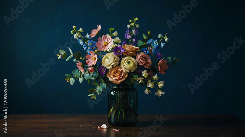 Elegant Mixed Flower Bouquet in Glass Vase on Dark Background – Fine Art Floral Still Life