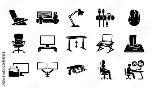 Foto Ergonomic office equipment icons set, 15 black solid vector symbols of workplace