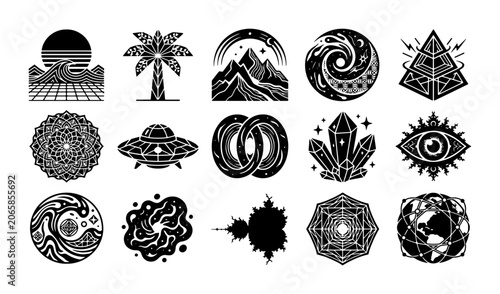 Canvastavla Mystical sacred geometry icons, set of 15 black and white esoteric symbols, cele