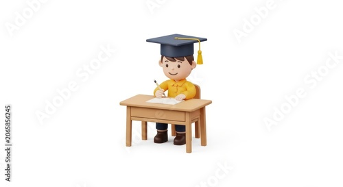 Young student wearing graduation cap sitting.