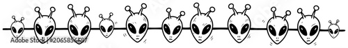 Konstfotografi Alien head icons forming a horizontal border line in doodle style
