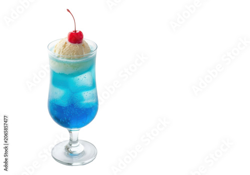 Photorealistic blue soda float with vanilla ice cream, maraschino cherry & glistening ice cubes in a stemmed glass on a white table with copy space, refreshing summer treat concept