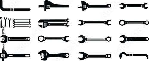 Konstfotografi Assorted black silhouette icons of wrenches and plumbing tools on white backgrou