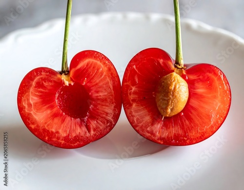 Fresh red strawberries on white plate closeup.