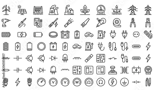Electric Power Linear Icon Pack – 52 Editable Stroke Outline Icons for Energy and Technology