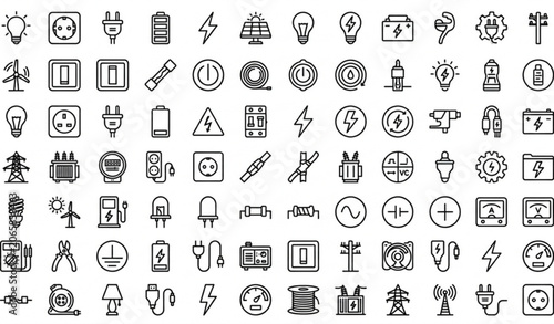 Set of 52 Electricity Outline Icons – Editable Stroke Linear Energy and Power Vector Collection