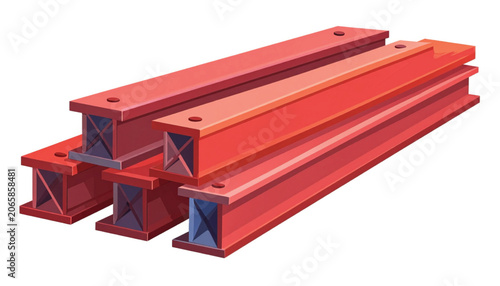 Red steel H beams stacked together.