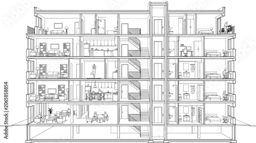Interior layout and architectural cross section of a stilt floor apartment building with communal lounge and active residents