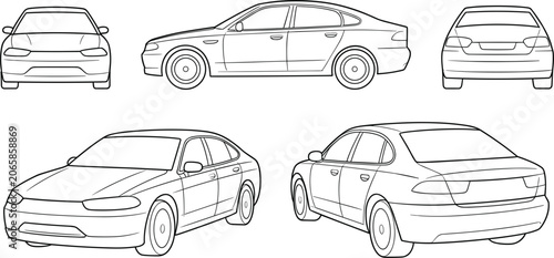 Multiple views of a sedan car in outline drawing Keywords: car, sedan, automobile, vehicle, outline, drawing, illustration