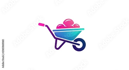 Colorful wheelbarrow with pink objects.