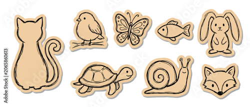 Φωτογραφία Animal Sticker Set Vector Hand Drawn Doodle Cat Bird Butterfly Fish Rabbit Turtl