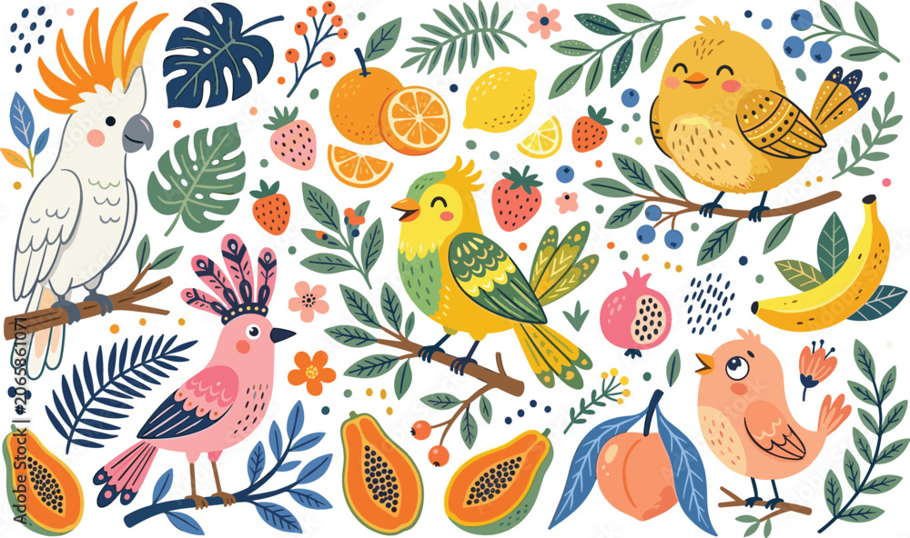 Fototapeta premium Cute Tropical Birds and Exotic Fruits Vector Set with Cockatoo, Parrots, and Botanical Leaves for Seamless Patterns, Wallpaper, and Summer Graphic Designs