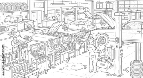Detailed auto repair shop colouring page featuring mechanics and various classic cars