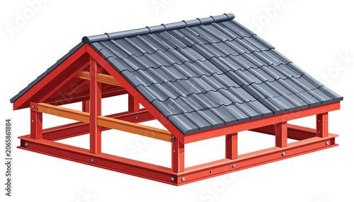 Red wooden house frame structure model.