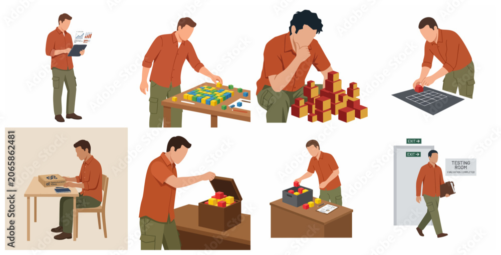 Fototapeta premium Flat illustration set of a man undergoing cognitive assessment, solving logic puzzles, and analyzing data for psychological evaluation and recruitment