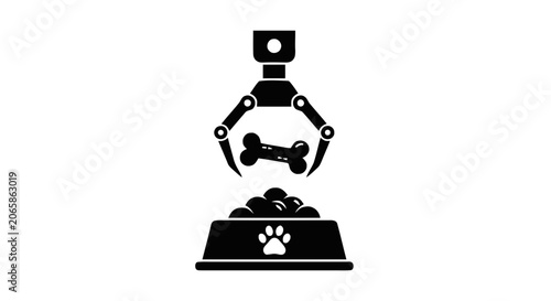 Vector illustration of mechanical claw holding a dog bone above a pet food bowl on a transparent background