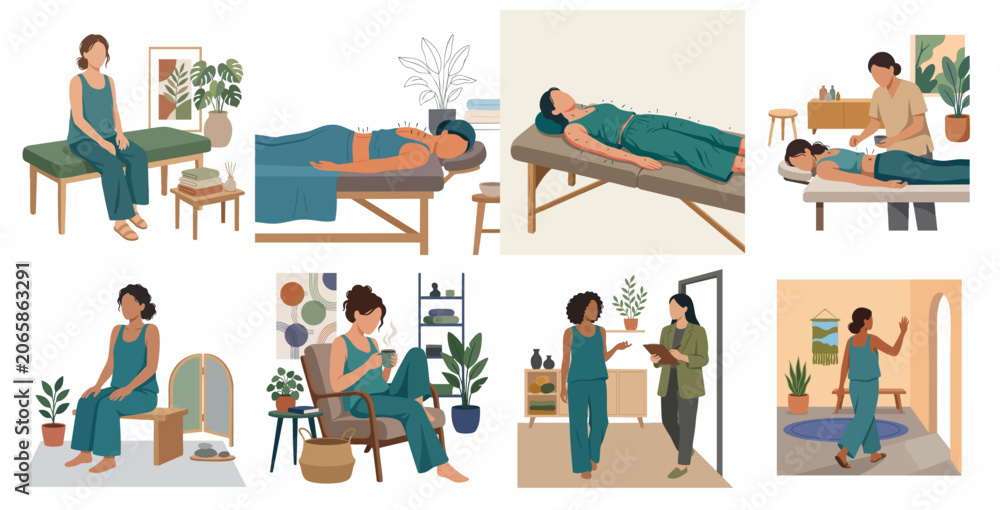 Fototapeta premium Acupuncture Therapy and Holistic Wellness Illustration Set, Woman Receiving Traditional Chinese Medicine Treatment in a Spa Clinic