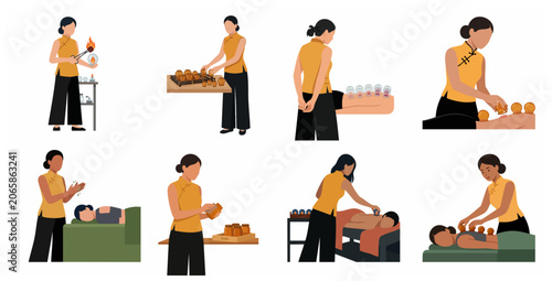 Fotografía Vector illustration set of Traditional Chinese Medicine TCM practitioners performing fire cupping therapy and therapeutic massage for health and wellness