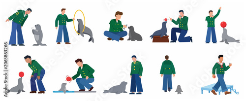 Schilderij op canvas Flat vector illustration set of a circus trainer performing tricks and feeding c