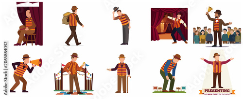 Fotografie Vintage Circus Ringmaster and Carnival Barker Character Set in Various Poses for