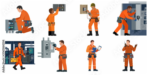 Quadro su tela Set of Professional Electricians and Maintenance Technicians Working on Electrical Panels and Equipment, Vector Illustration Characters in Orange Overalls for Industrial Service