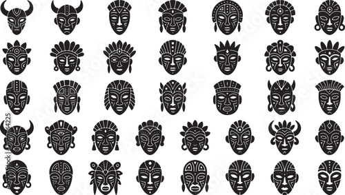 Obraz na plátně Collection of African Tribal Masks with Artistic Details