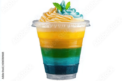 A colorful layered milkshake or smoothie dessert in a clear plastic cup, featuring bright yellow, green, and blue stripes, topped with whipped cream and mint leaves, isolated on white.