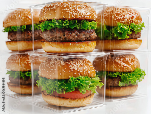 A stack of classic beef burgers with sesame buns, fresh green lettuce, and tomato slices, individually packed in clear square plastic takeaway boxes.