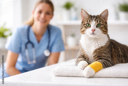 Close-up of a cute tabby cat with a yellow bandage on its front paw sitting on an examination table, with a smiling female veterinarian in uniform out of focus in the background.