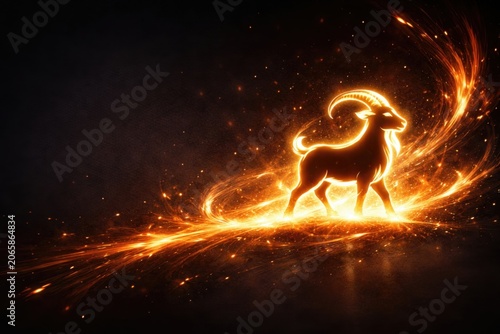 Fantasy digital illustration of the Capricorn zodiac sign, depicted as a majestic mythical sea-goat glowing intensely with golden fire and sparks against a dark background.