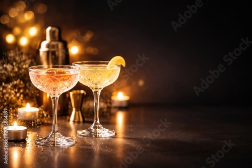 Two elegant crystal coupe glasses filled with refreshing summer cocktails, garnished with a lemon slice, placed on a dark bar counter with burning candles and a shaker in the background.