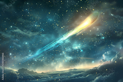 Spectacular cosmic comet streaking through starry night sky over clouds