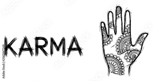 Foto Karma lettering with decorative henna hand ornament in sketch style