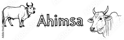 Photos Sacred Indian cow and head portrait with Ahimsa typography text hand drawn ink s