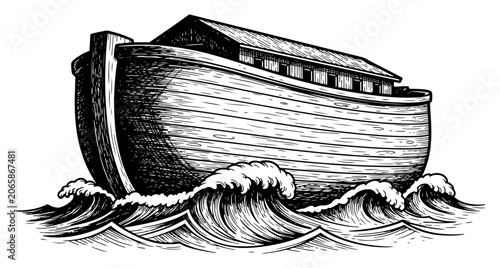 Fotografía Noahs Ark floating on stormy ocean waves in vintage engraving woodcut style