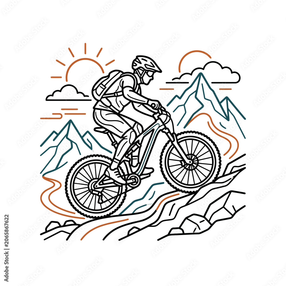 Naklejka premium Man Riding Mountain Bike Downhill Fast.