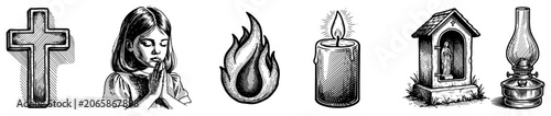 Fotografi Christian devotional symbols set including cross praying girl candle flame shrin