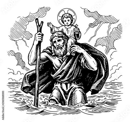 Bild auf Leinwand Saint Christopher carrying child Jesus Christ across water vintage engraving sty