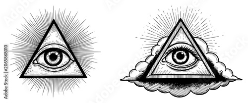 Photos Eye of Providence inside triangle with rays and clouds in vintage engraving styl