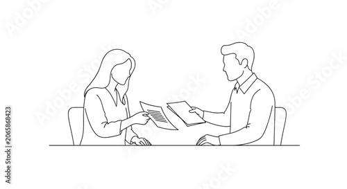 Minimalistic line drawing of a couple discussing divorce papers in a meeting, seated across a table, exchanging documents, monochrome illustration