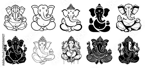 Фотография Lord Ganesha vector icons in various artistic design styles graphic silhouette a