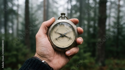 Man holding vintage antique compass in misty forest. Lost traveler searching for direction. Navigation tool, outdoor adventure, exploration concept. Wilderness trek, pathfinding.
