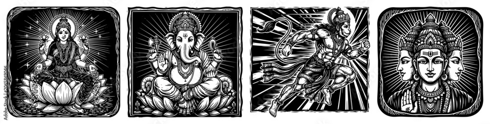 Fototapeta premium Hindu deities Lakshmi Ganesha Hanuman and Brahma panels in vintage woodcut engraving style