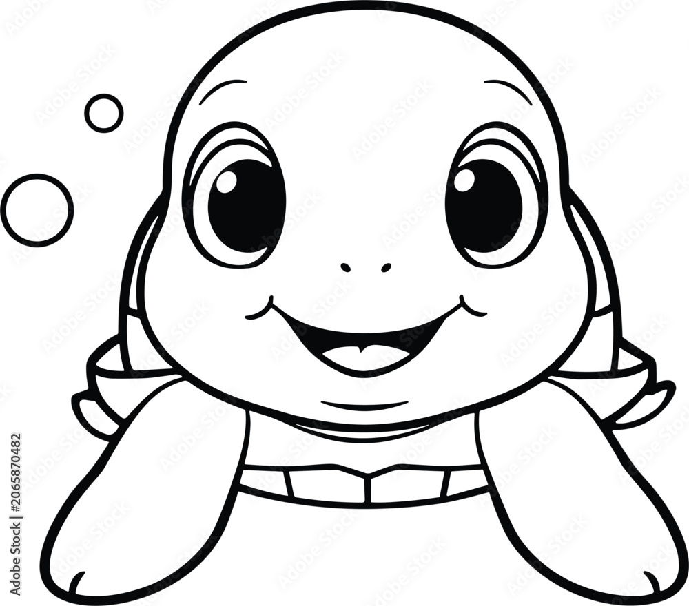 Obraz premium Cute Baby Sea Turtle Line Art Vector Illustration of Smiling Character with Water Bubbles for Kids Coloring Book Pages and Graphic Designs