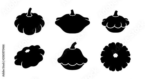 Bild auf Leinwand Six Black Silhouette Pattypan Squash Icons, Summer Squash Vector Graphics, Autum
